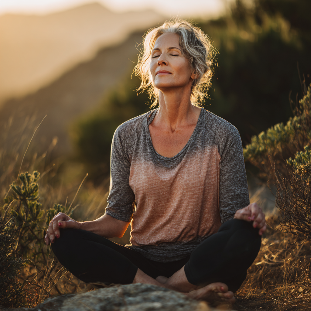 Middle-aged woman practicing gentle yoga stretches in peaceful natural setting