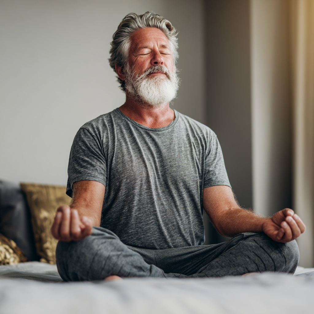 Senior man in comfortable meditation pose focusing on breathing exercises